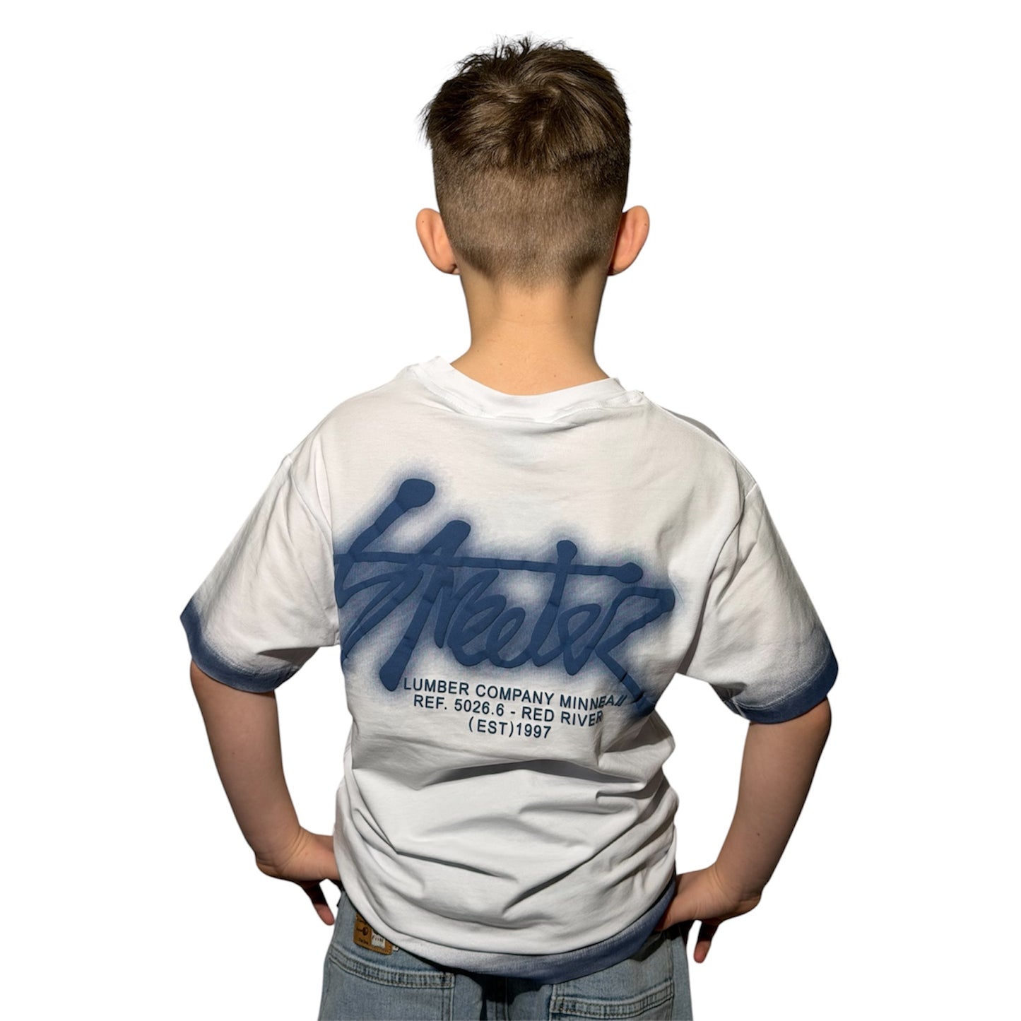 T-shirt streetwear dla chłopca z nadrukiem | biało-niebieski