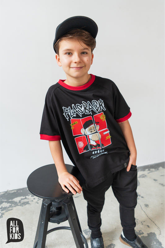 T-shirt chłopięcy ALL FOR KIDS Premium „Flashback” – czarny z nadrukiem (116–158)