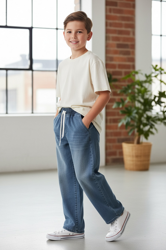 Spodnie jeansowe relaxed fit dla chłopca – szeroka nogawka, gumka w pasie | Cool Boy