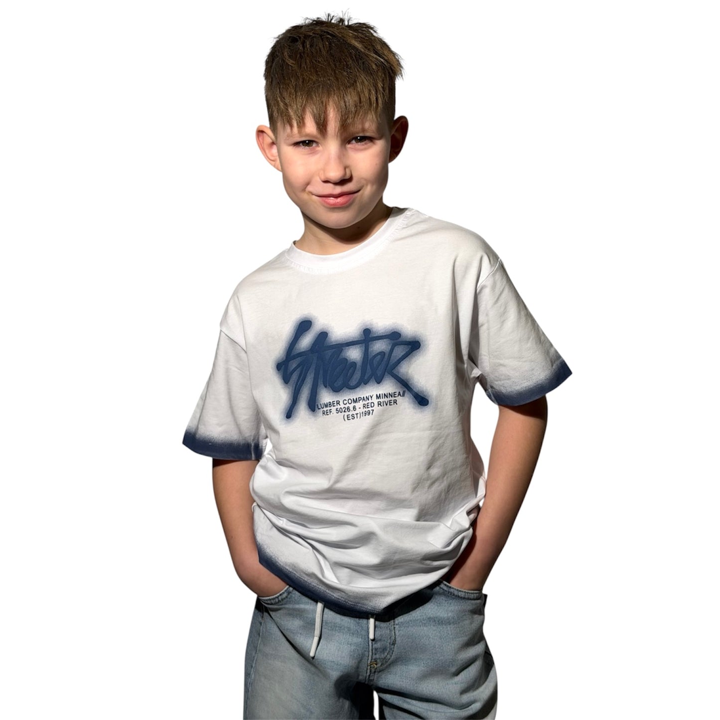 T-shirt streetwear dla chłopca z nadrukiem | biało-niebieski