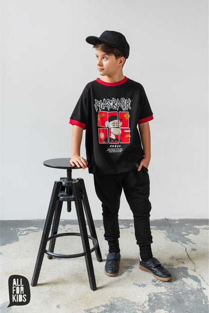 T-shirt chłopięcy ALL FOR KIDS Premium „Flashback” – czarny z nadrukiem (116–158)