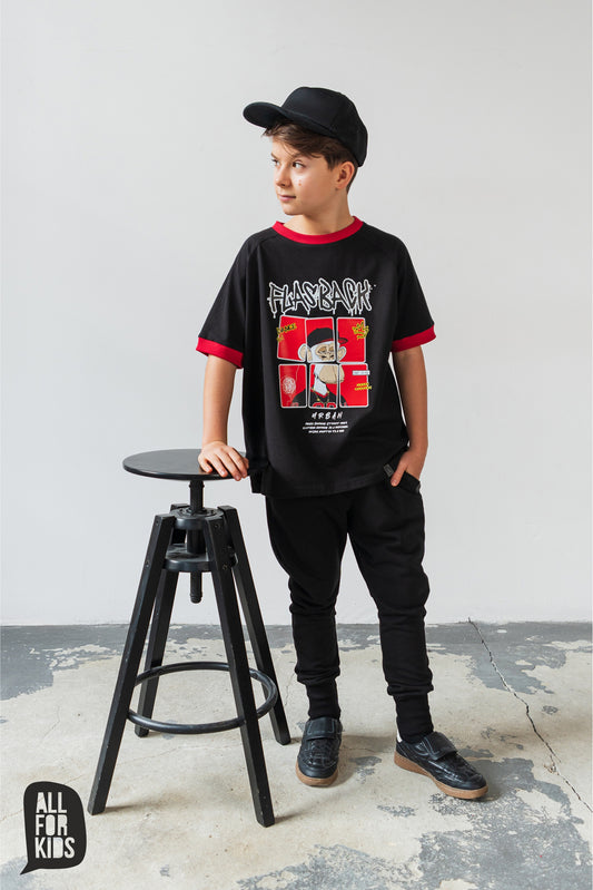 T-shirt chłopięcy ALL FOR KIDS Premium „Flashback” – czarny z nadrukiem (116–158)