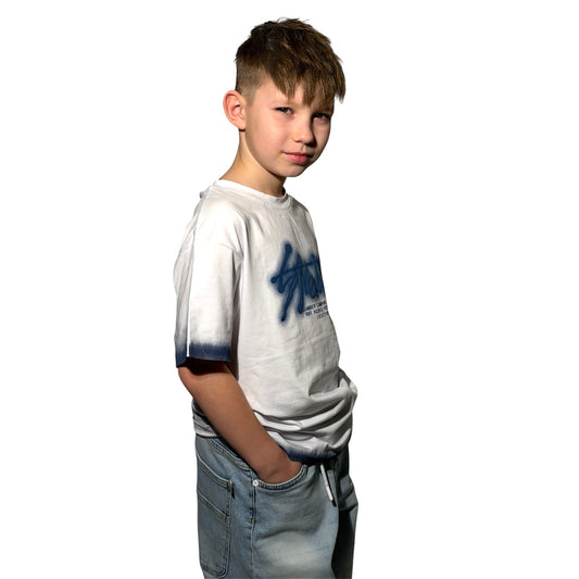 T-shirt streetwear dla chłopca z nadrukiem | biało-niebieski