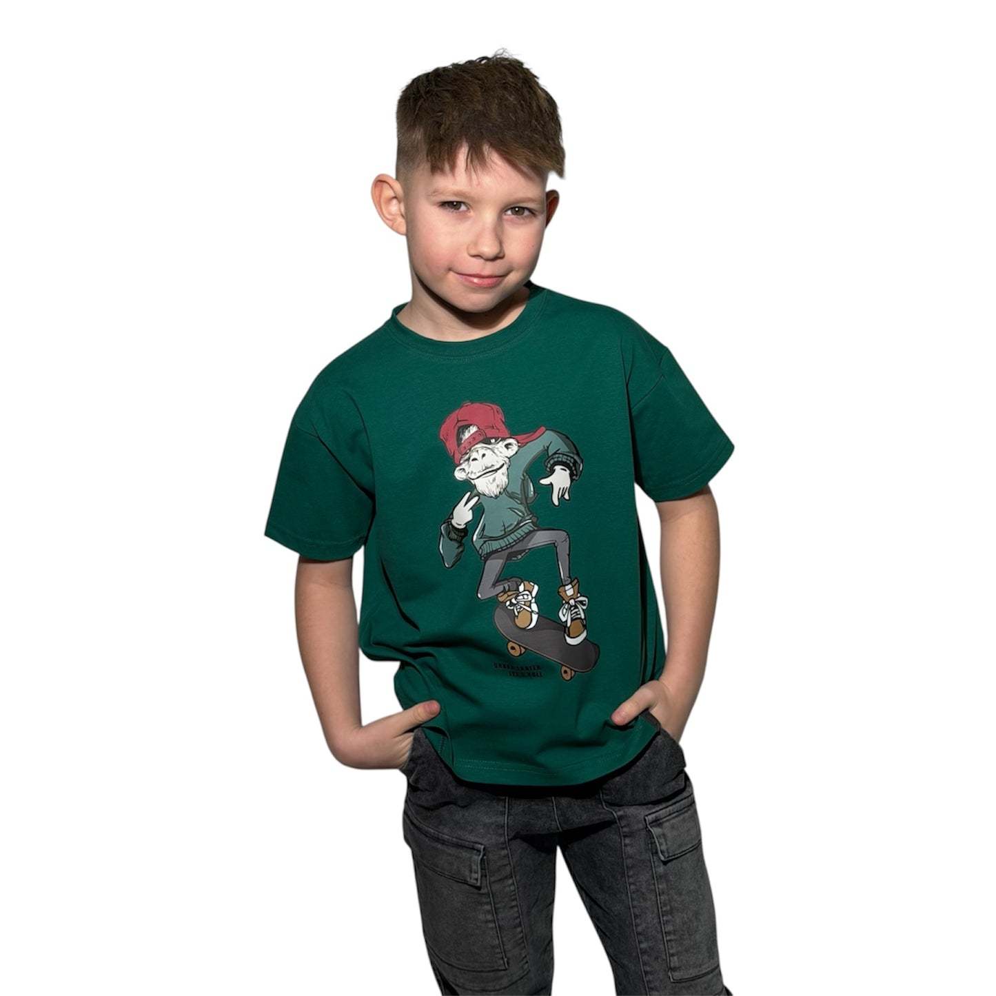 Koszulka chłopięca ALL FOR KIDS Premium – Skater Monkey | zielona (116-158)