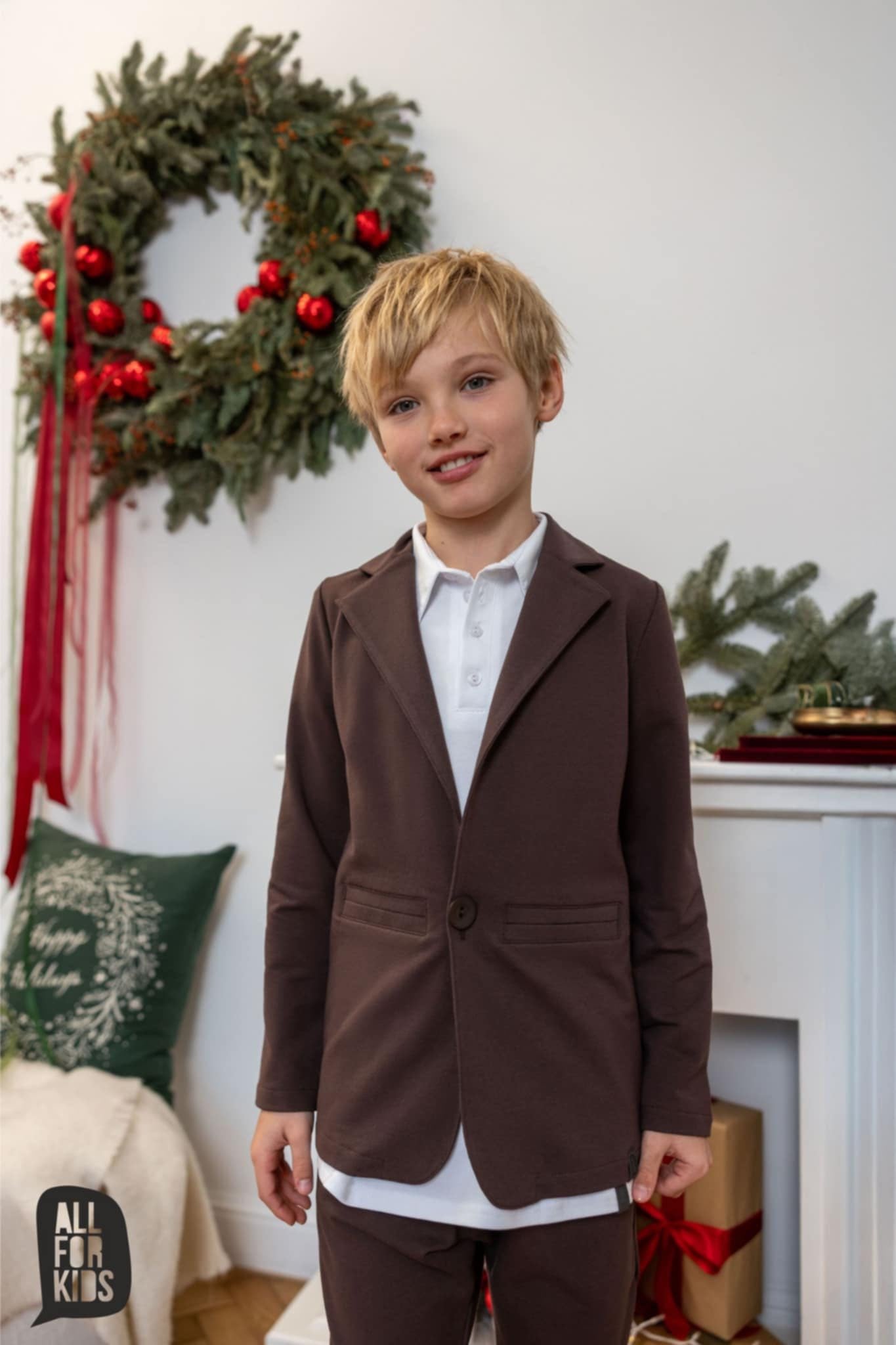 Elegancki Garnitur Chłopięcy All For Kids – Brązowy, Bawełna Premium 95%, Idealny na Święta i Uroczystości